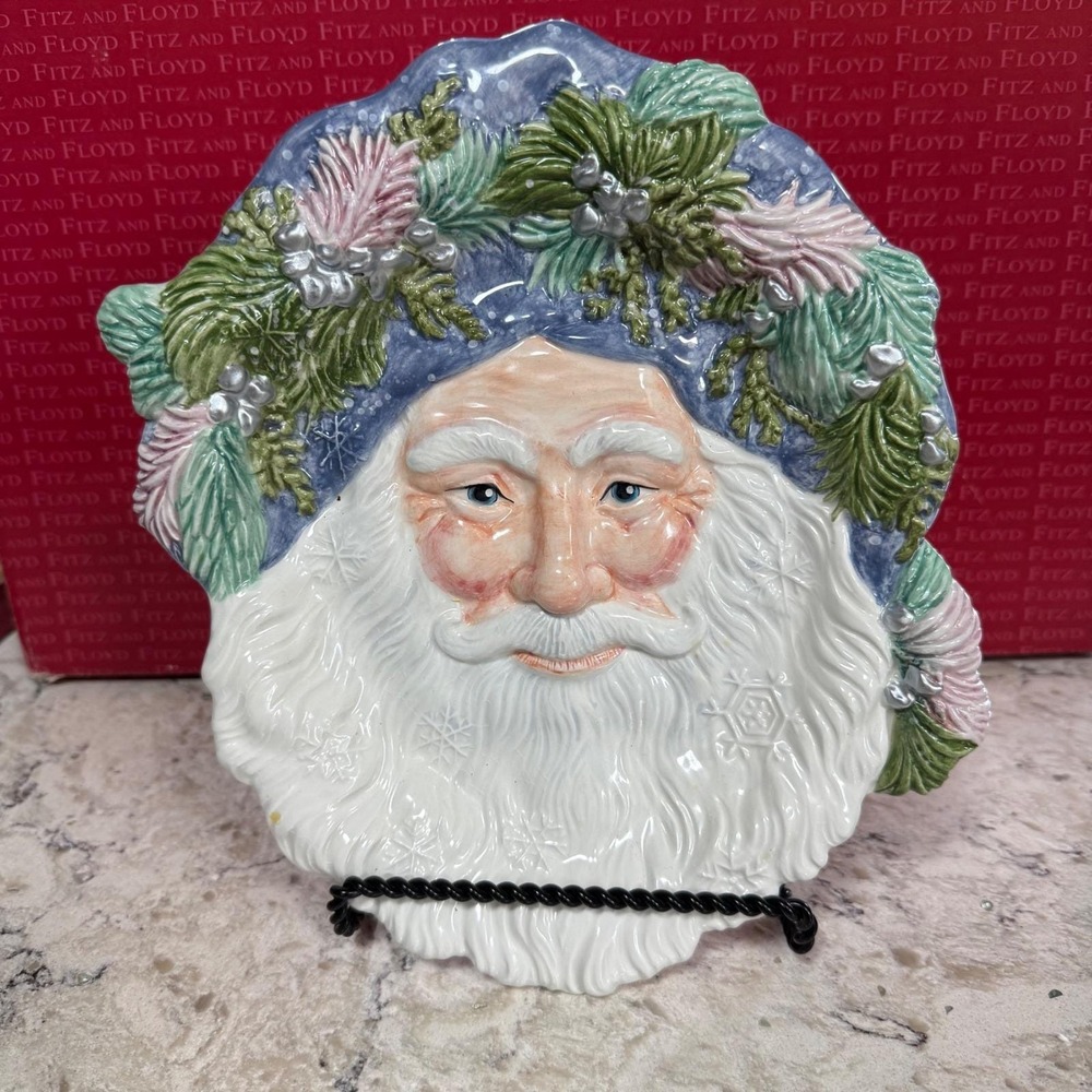 Fitz and Floyd Classics Crystal‎ Winter Santa Claus Face Platter Hand Crafted